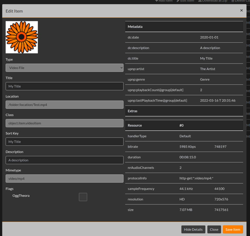 Edit Item dialog with details in dark mode