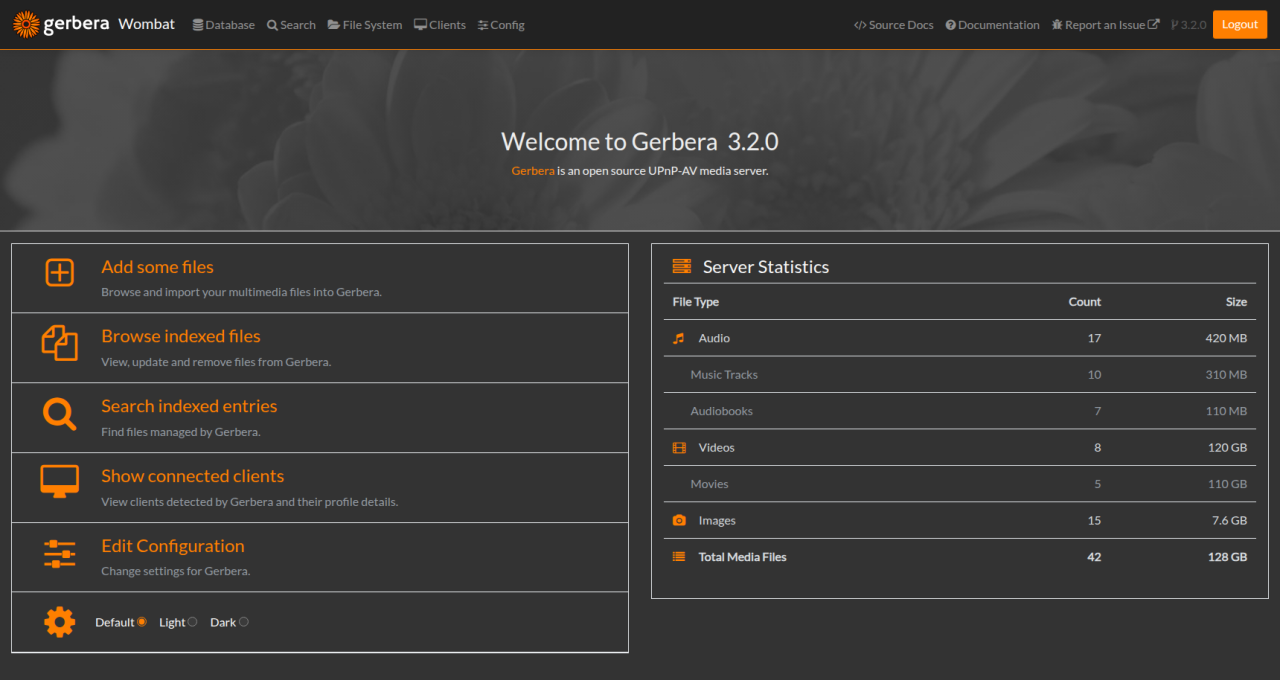 Gerbera Home Page in dark mode